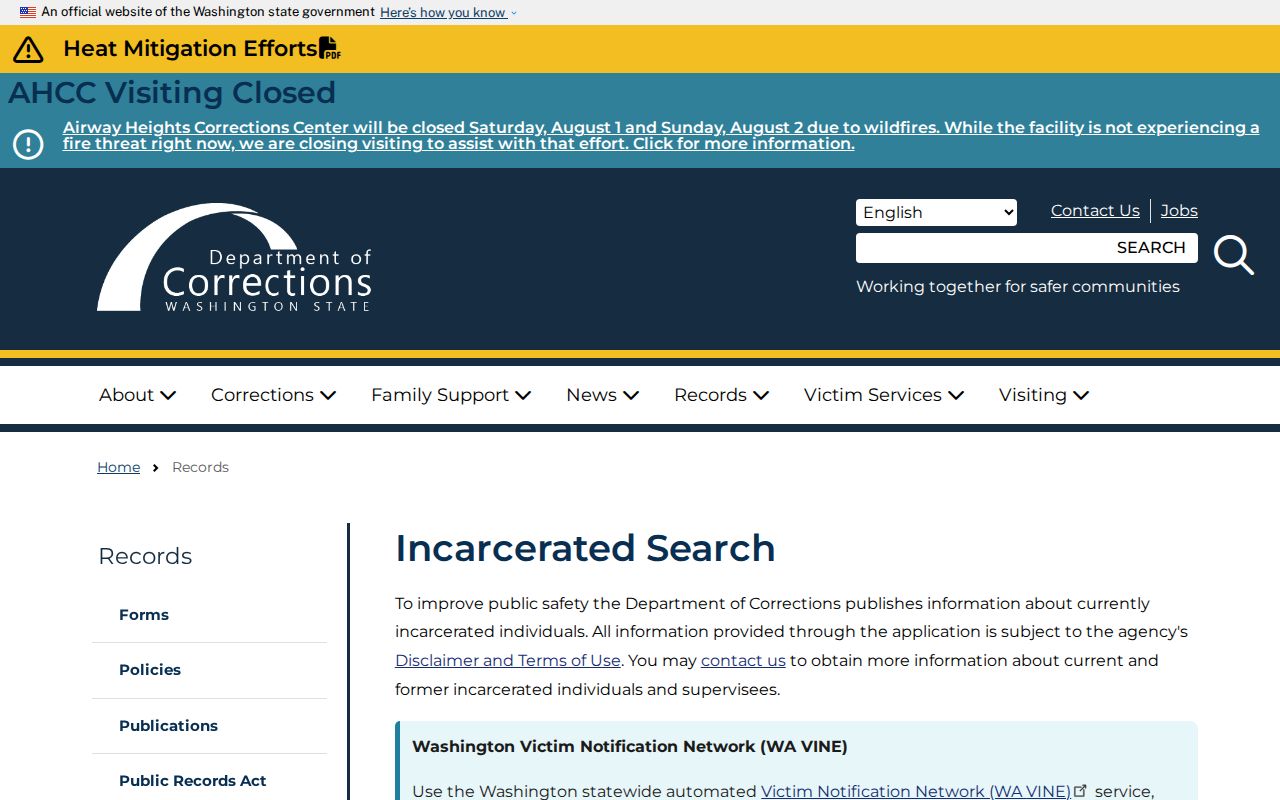 Frederickson public records guide to Washington DOC incarcerated person search