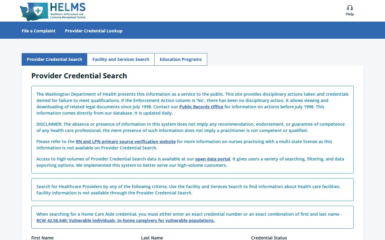 Frederickson public records health credential search portal